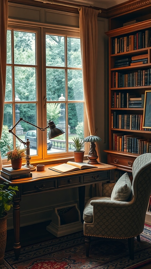 A cozy study nook featuring a wooden desk, a comfortable chair, large windows with natural light, and bookshelves filled with books.