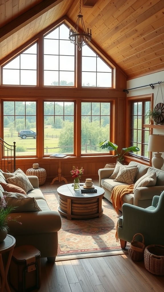 A cozy rustic farmhouse living room with large windows, wooden beams, and comfortable furniture, overlooking green scenery.