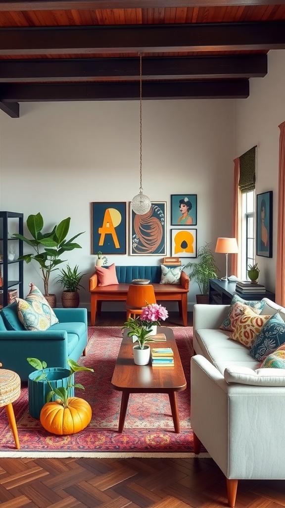 A colorful and eclectic living room-dining room combo featuring turquoise sofas, orange accents, and vibrant artwork.