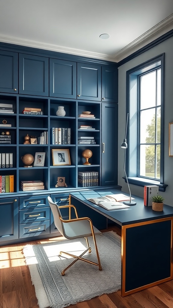 An office space featuring blue cabinets and gold accents with a stylish desk and organized shelves.