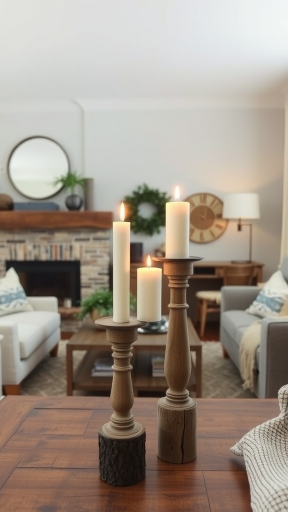 Three wooden candlesticks with white candles in a modern farmhouse living room