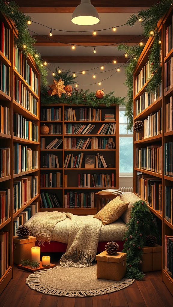 Cozy library room with bookshelves, a bed, string lights, and festive decorations
