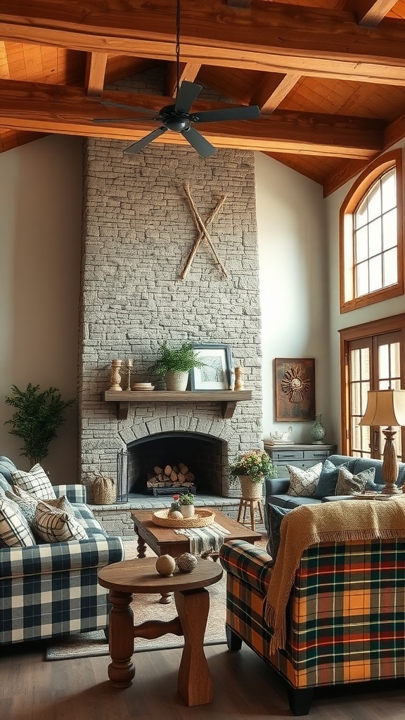 Cozy rustic farmhouse living room with plaid sofas, stone fireplace, and wooden accents.