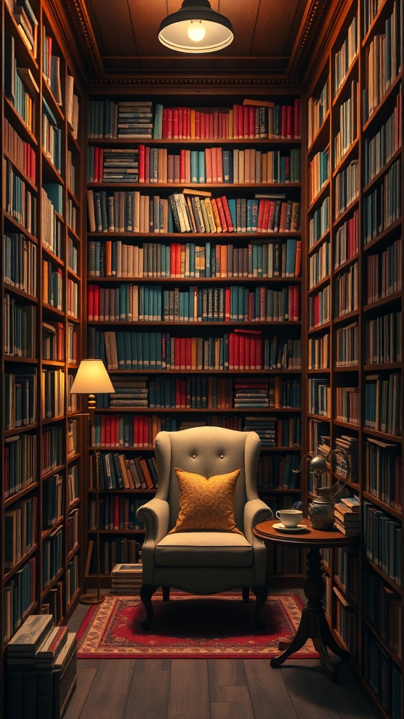 A cozy home library with bookshelves filled with books, a comfortable chair, and a small table.