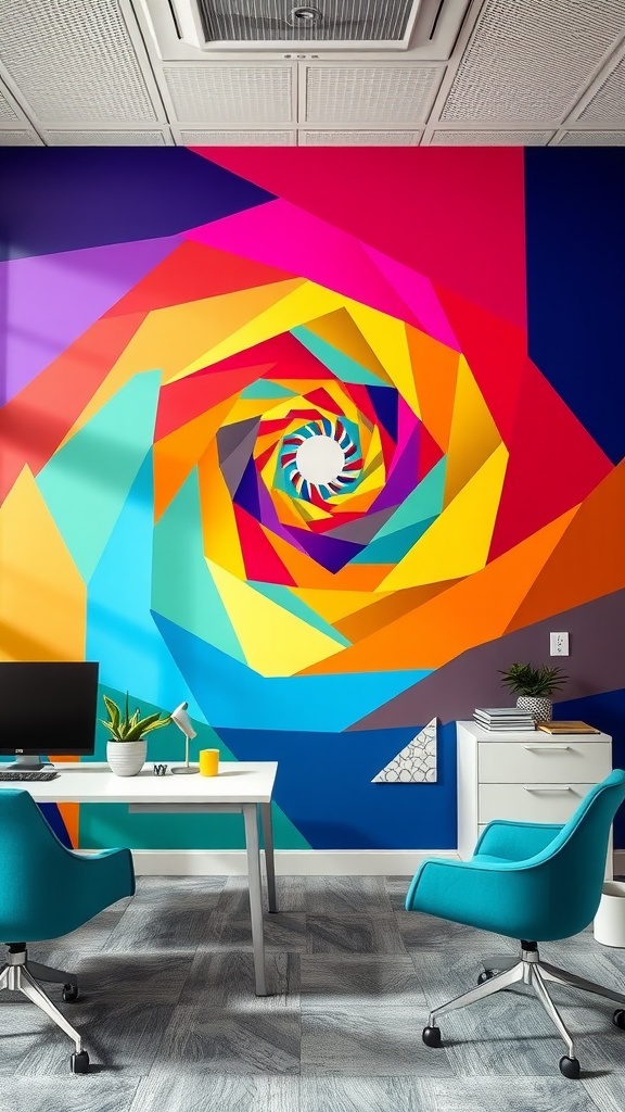 A colorful spiral mural on an office wall, featuring vibrant geometric shapes that create a mind-bending design.