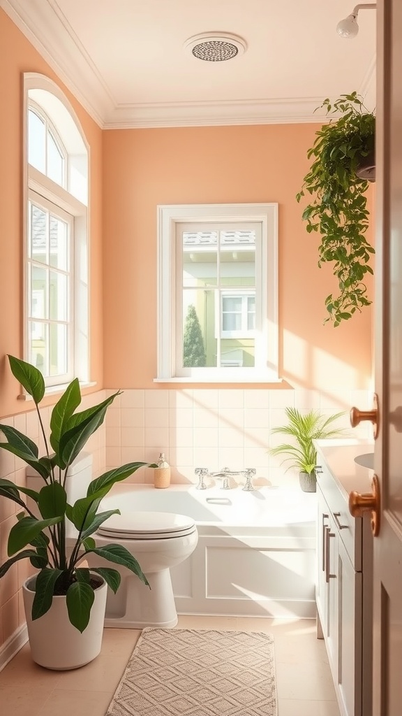 A peach-painted bathroom featuring a tub, plants, and natural light.