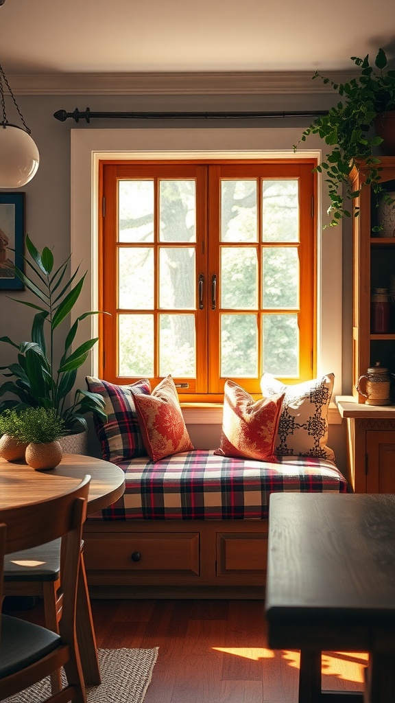 Cozy plaid window seat in a bright dining room with natural light and plants