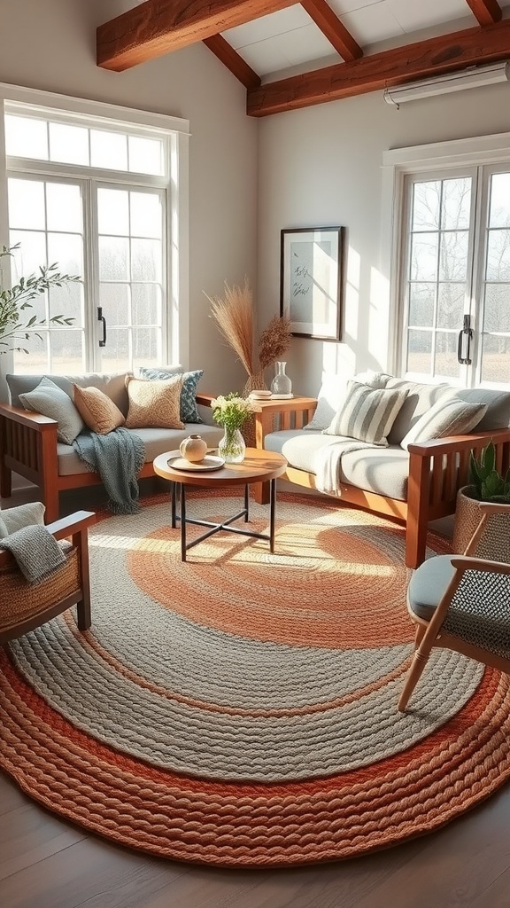 Modern farmhouse living room featuring a braided rug with warm colors, wooden furniture, and natural light.