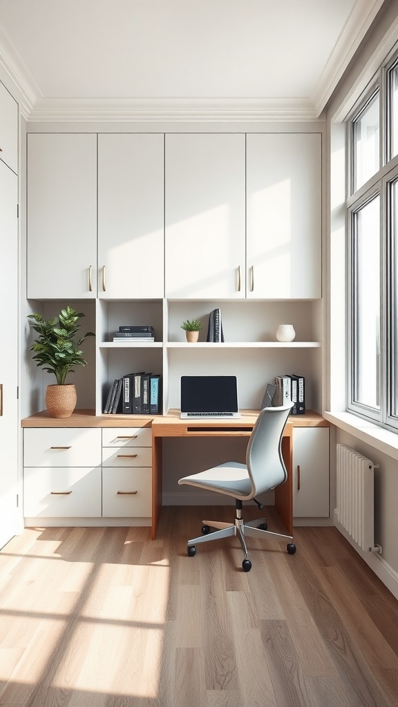 A modern office space featuring built-in cabinets, a sleek desk, and a comfortable chair, with a plant adding a touch of greenery.