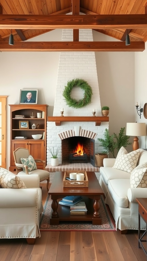 Rustic farmhouse living room featuring wooden beams, cream sofas, and a brick fireplace.