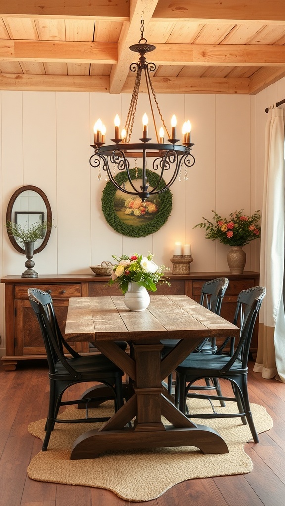A cozy cottagecore dining room featuring a wrought iron chandelier, wooden table, and natural decorations.