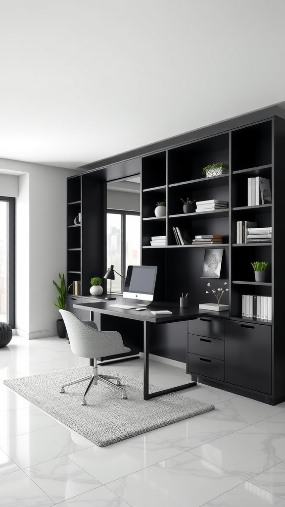 Modern office space featuring a sleek black desk, black shelving, and large windows for natural light.