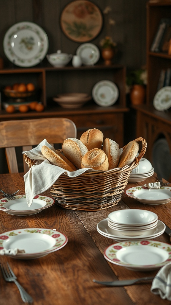 A woven basket filled with fresh bread rolls on a rustic wooden table, surrounded by floral plates and simple cutlery.