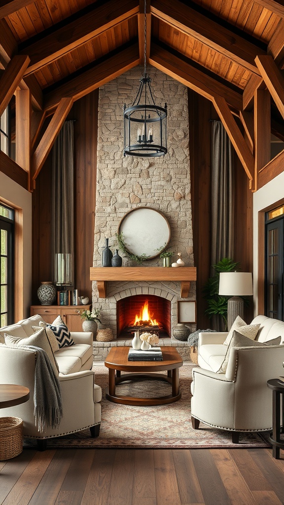 A cozy rustic farmhouse living room featuring wooden beams, a stone fireplace, and comfortable seating.