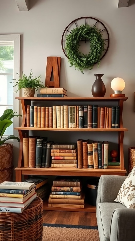 A modern farmhouse living room featuring a wooden bookshelf filled with vintage books, a green wreath on the wall, and decorative elements.