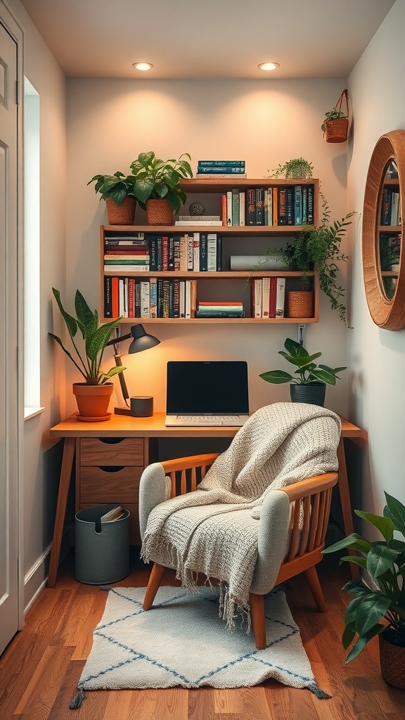 Cozy office space with a wooden desk, plants, bookshelves, and a comfortable chair.