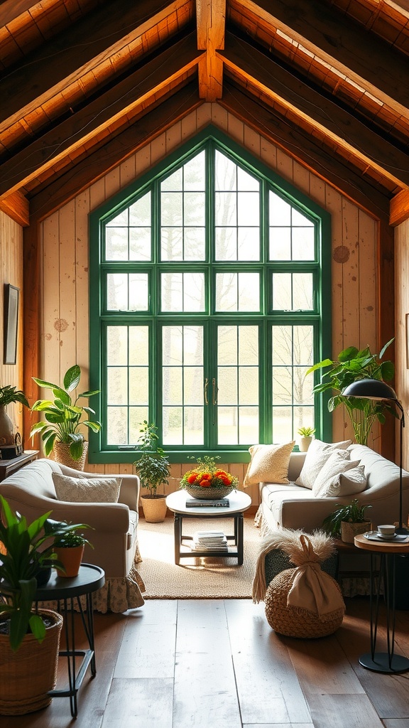 Cozy rustic farmhouse living room with green windows, wooden ceiling, and plants