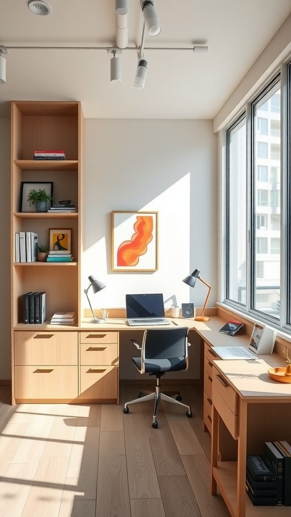 A chic office space with wooden furniture, large windows, desk lamps, and artwork on the wall.