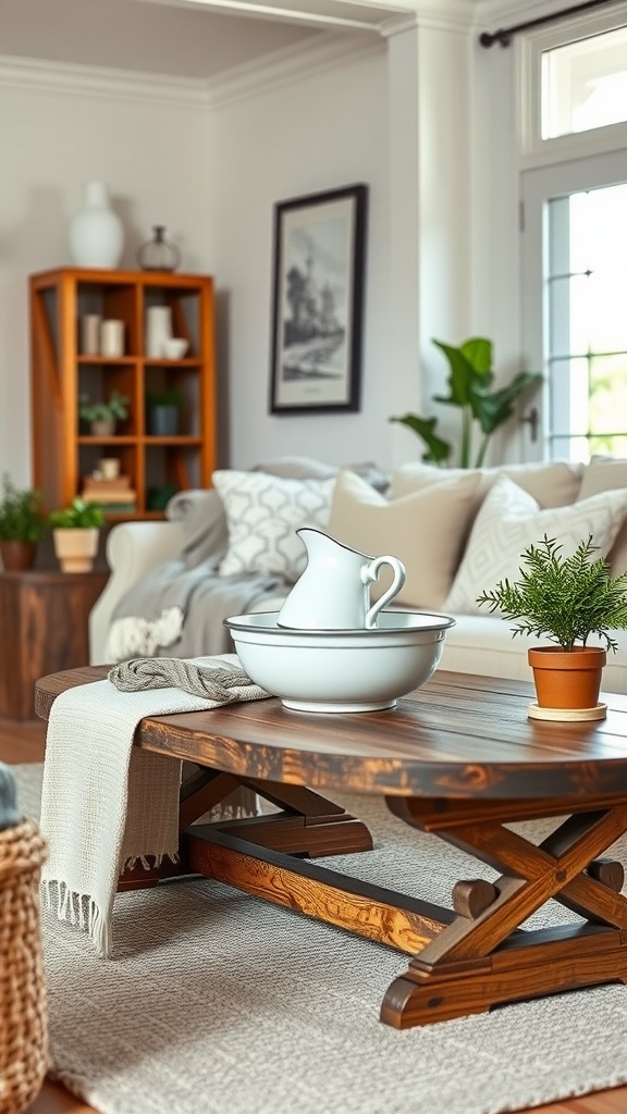 A cozy modern farmhouse living room featuring a wooden coffee table with an enamelware pitcher and basin, surrounded by plants and soft textiles.