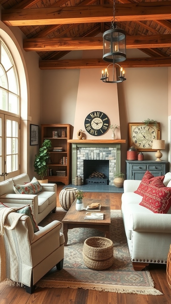 A rustic farmhouse living room featuring wooden beams, a stone fireplace, comfortable seating, and warm colors.