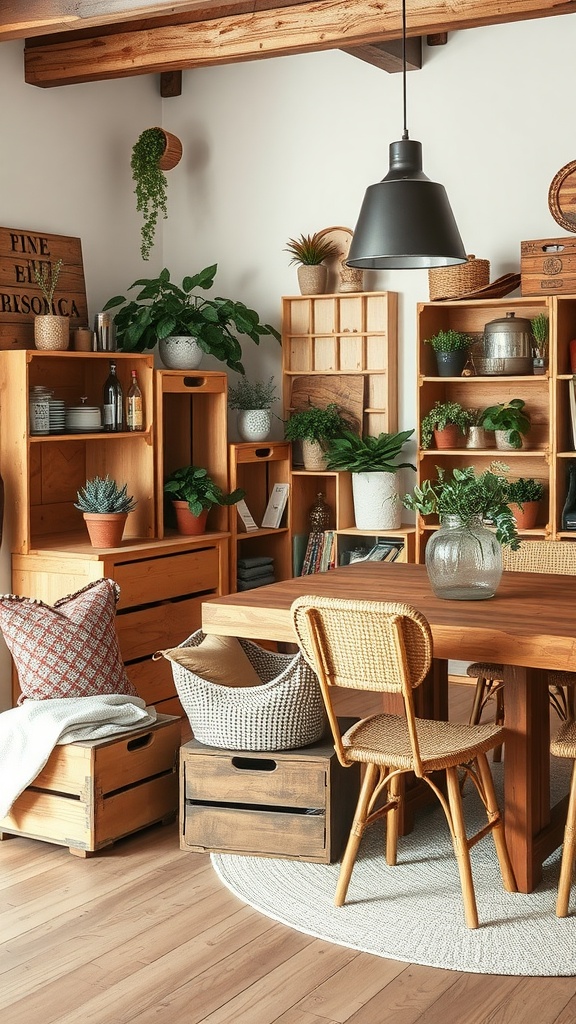 A cozy cottagecore dining room featuring wooden crates as storage, with plants and a wooden dining table.