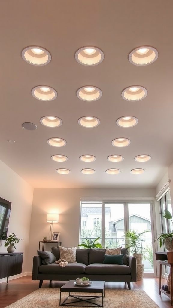 Living room with multiple recessed lights in the ceiling, featuring a modern design and spacious layout.