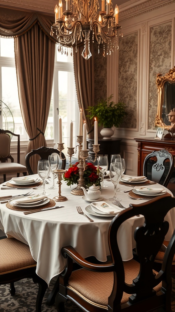 Chic dining room with antique decor, elegant chandelier, and beautifully set table