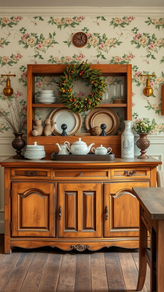 A rustic antique wooden sideboard with dishes and decor in a cozy dining room setting
