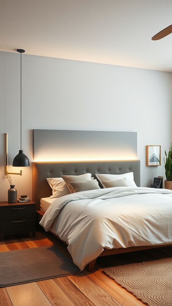 A cozy bedroom featuring a backlit LED headboard, soft bedding, and warm wooden elements.