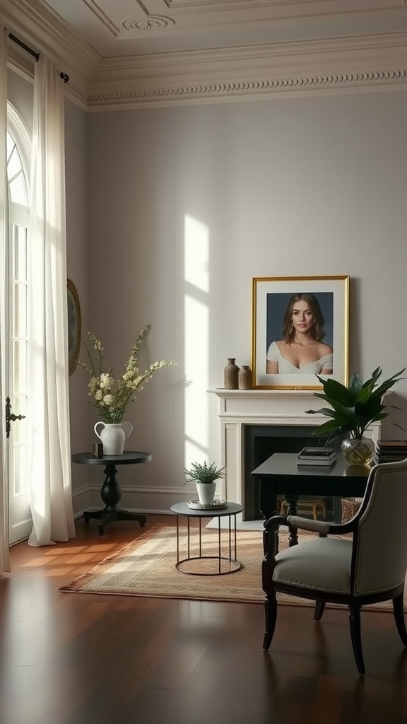 A bright, elegantly furnished room featuring walls painted in Benjamin Moore White Dove, showcasing natural light and tasteful decor.