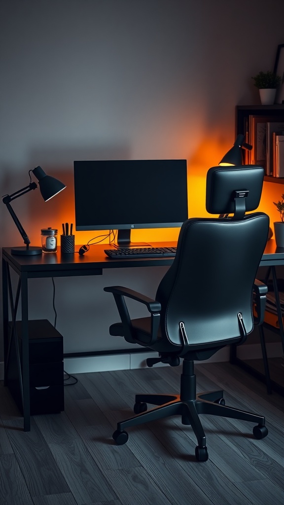 A cozy black-themed desk setup featuring a black chair, a large monitor, and warm lighting.