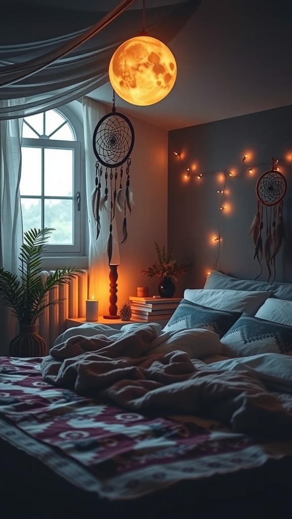 A boho-style bedroom with a moon lamp, dreamcatchers, cozy bedding, and soft lighting.