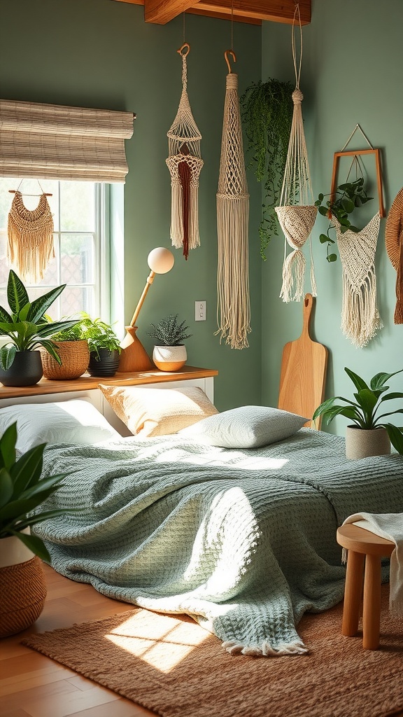 A cozy boho sage green bedroom with plants, macramé wall hangings, and textured bedding