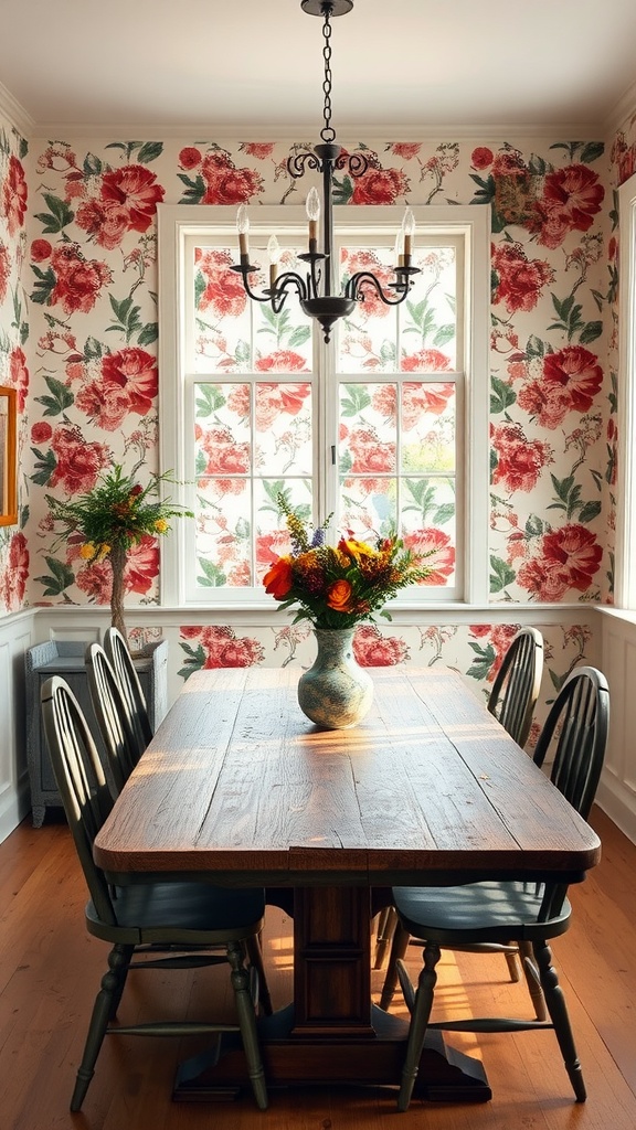 A dining room with bold floral wallpaper, a wooden table, and a vase of flowers