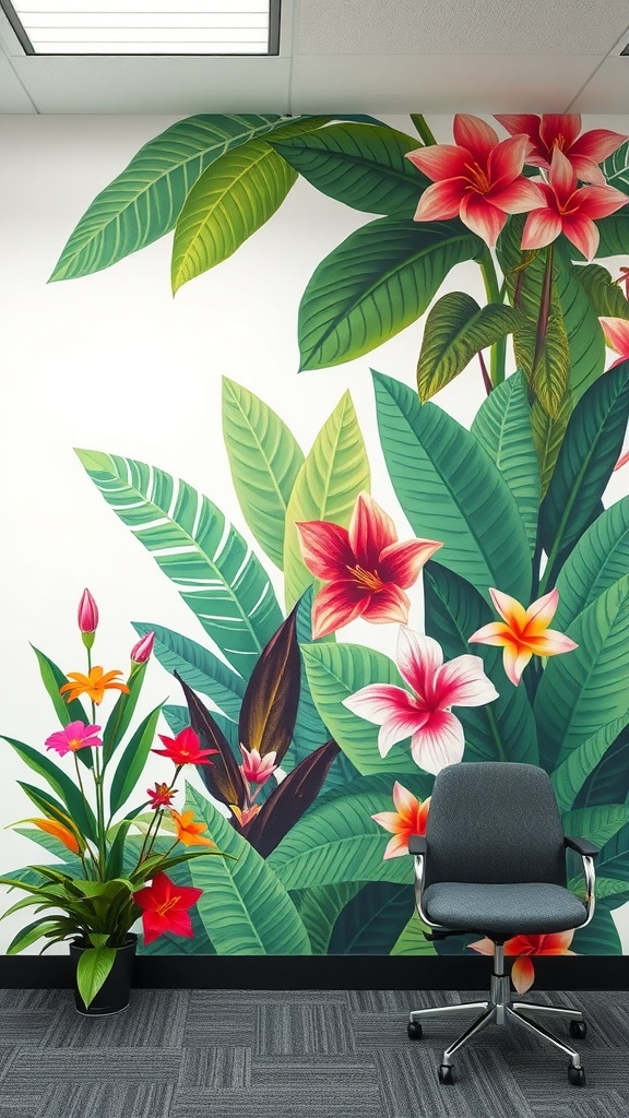 A vibrant botanical mural featuring tropical leaves and flowers, alongside a potted plant and office chair.