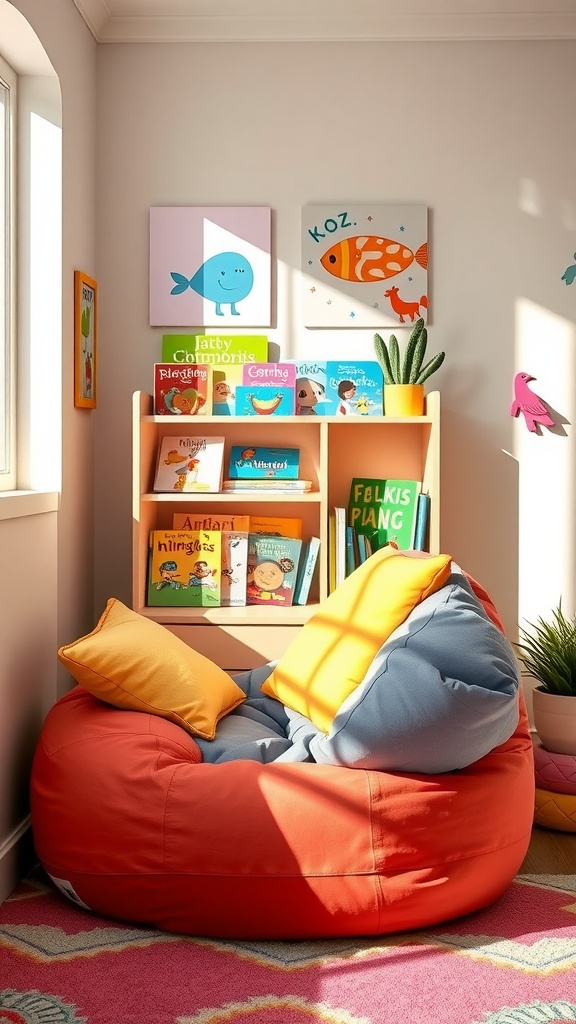 Bright and colorful reading nook for kids with a bean bag and bookshelves.