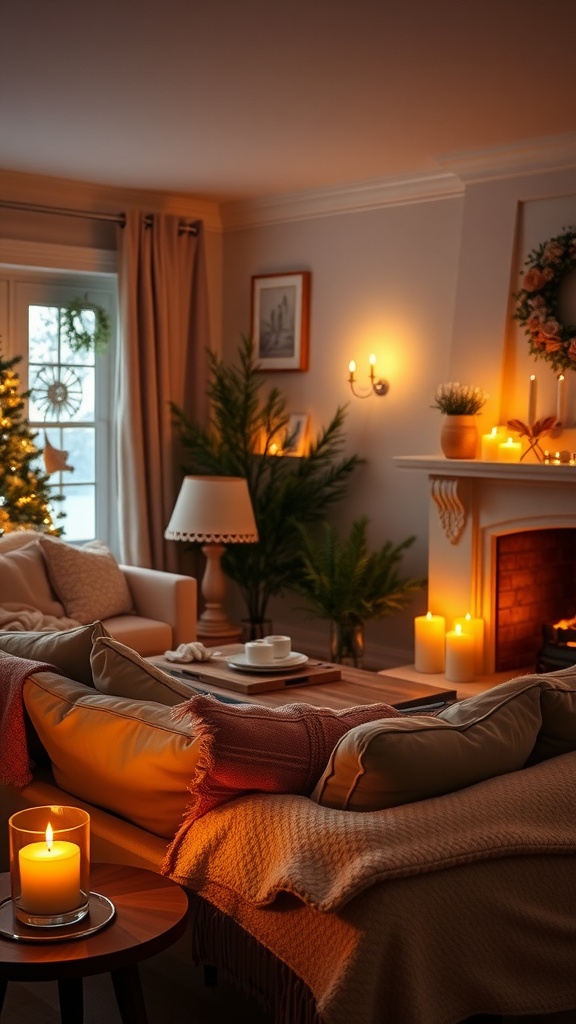 A cozy living room with candles and soft furnishings creating a warm atmosphere.