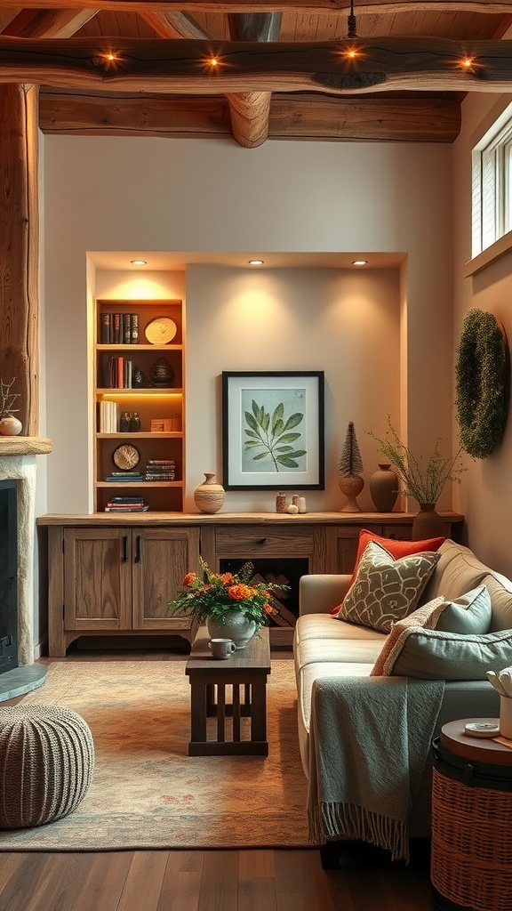 Cozy rustic farmhouse living room alcove with wooden beams, comfortable sofa, bookshelf, and decorative elements.