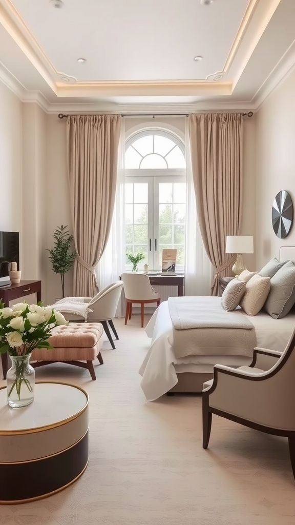 A serene guest bedroom and home office combo featuring neutral colors, natural light, and elegant furniture.