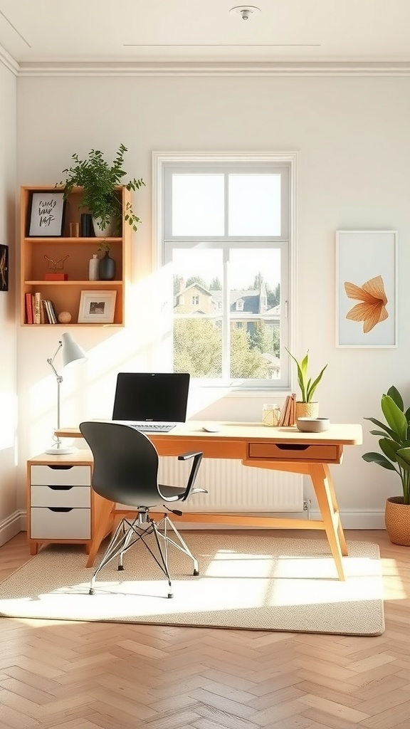 A modern office workspace featuring a light wood desk, a stylish chair, and plants, with natural light streaming in.