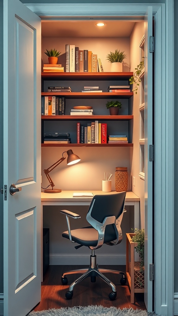 A cozy office nook set up in a closet, featuring shelves with books and plants, a desk lamp, and a comfortable chair.