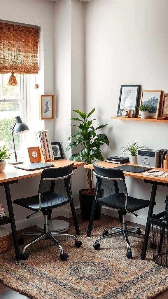 A small home office with two desks positioned along opposite walls, featuring natural light, plants, and organized workspaces.