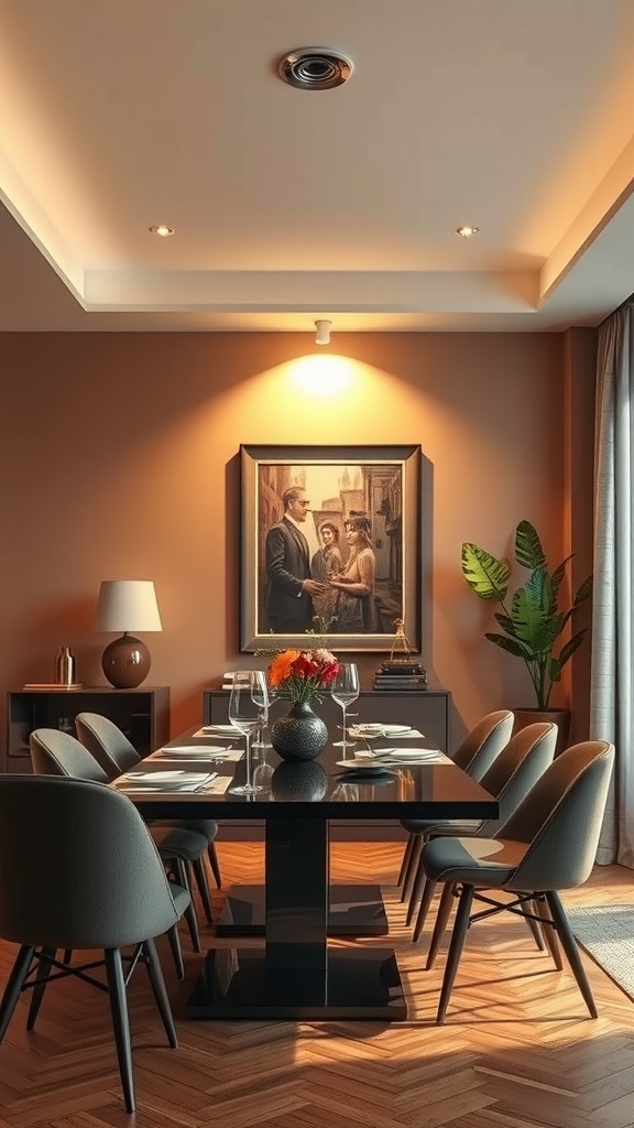 Stylish dining room with recessed lighting highlighting a wall art piece