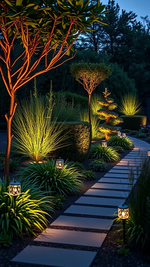 A beautifully lit garden path with solar uplighting highlighting plants and trees.
