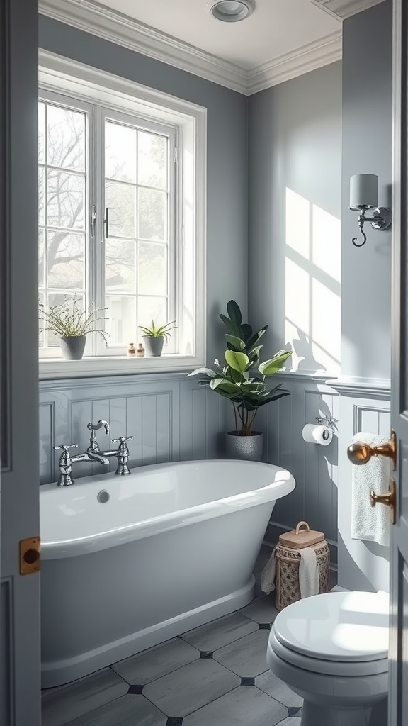 A stylish bathroom painted in gray-blue with a vintage tub and natural elements.