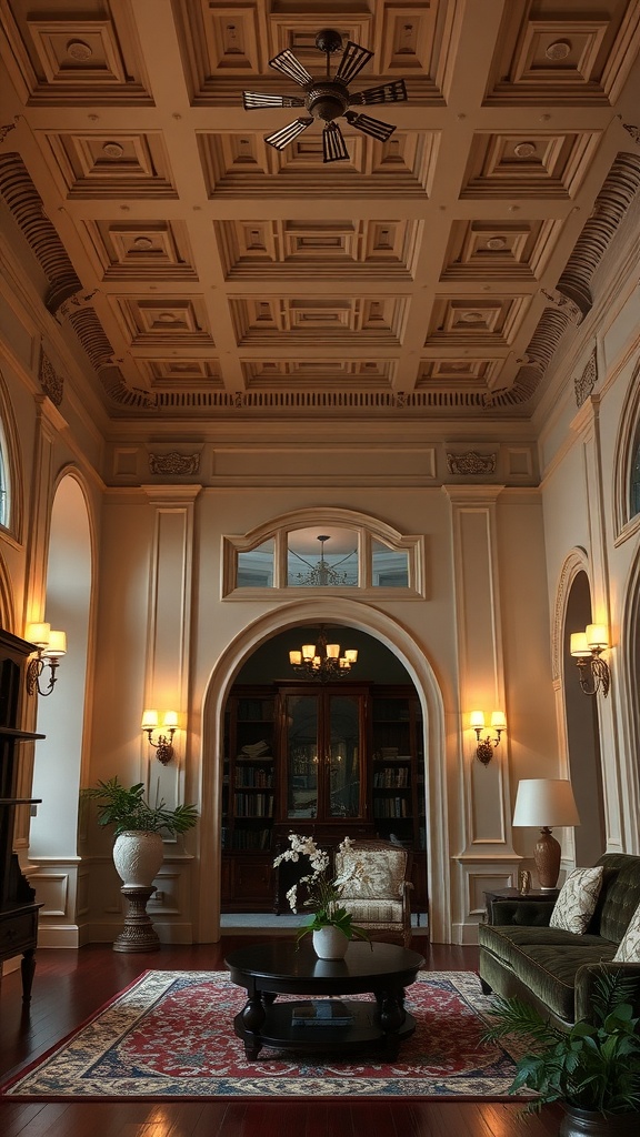 Interior room with a coffered ceiling, soft lighting, and elegant furnishings.