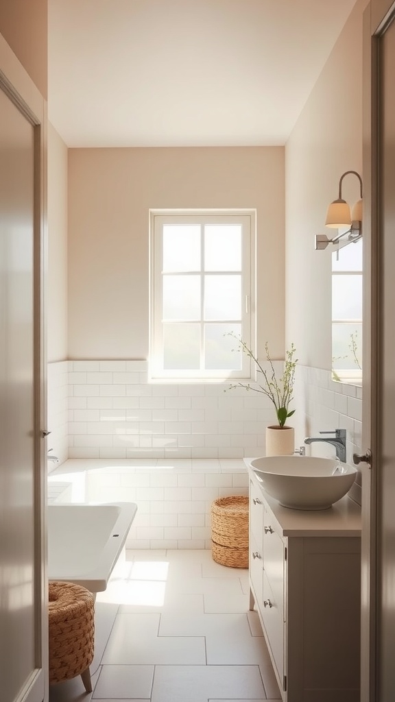 A well-lit small bathroom with light beige walls, a white sink, and woven baskets.