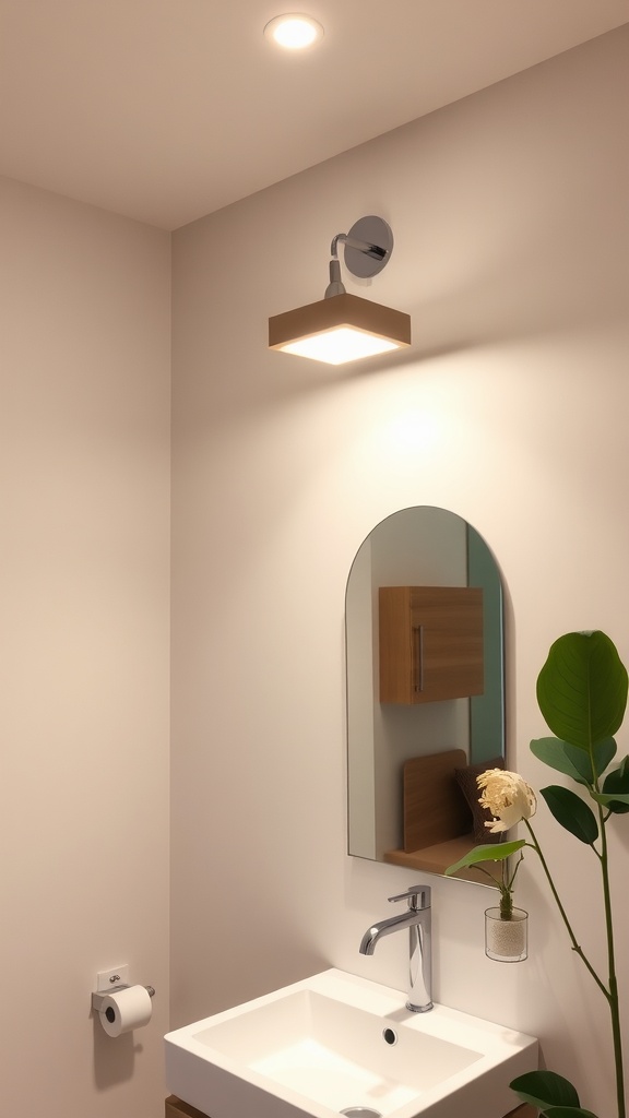 Modern bathroom with a minimalist flush mount light above a sink and a mirror.