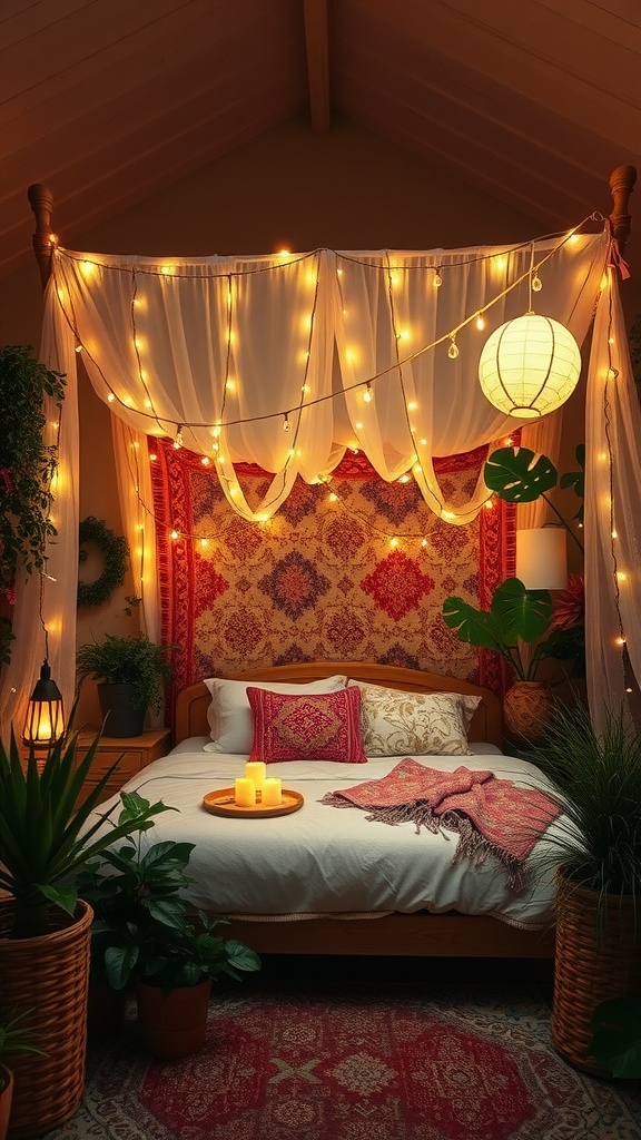A cozy bedroom with fairy lights, draped fabric, and plants creating a boho retreat atmosphere.