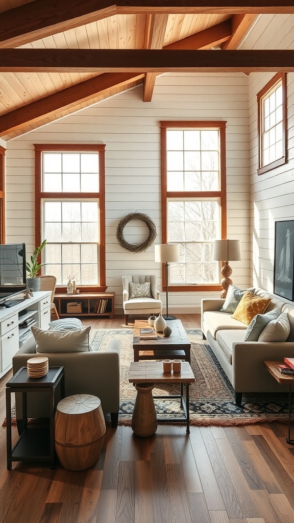 A modern farmhouse living room featuring shiplap walls, large windows, and wooden beams.